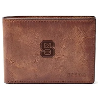 Men's Fossil Brown NC State Wolfpack Leather Derrick Front Pocket Bifold Wallet