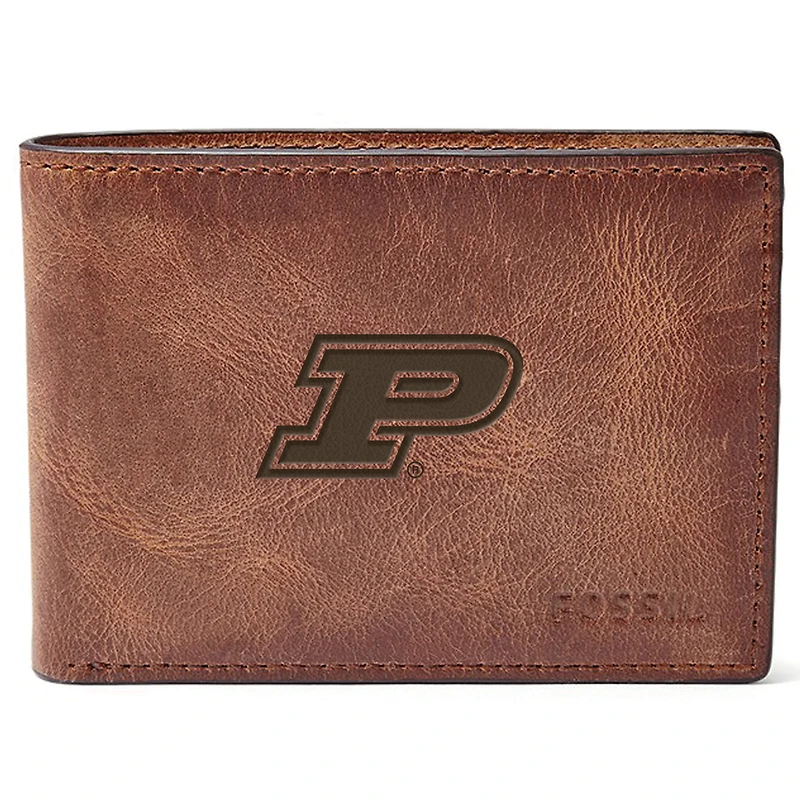 Men's Fossil Brown Purdue Boilermakers Leather Derrick Front Pocket Bifold Wallet