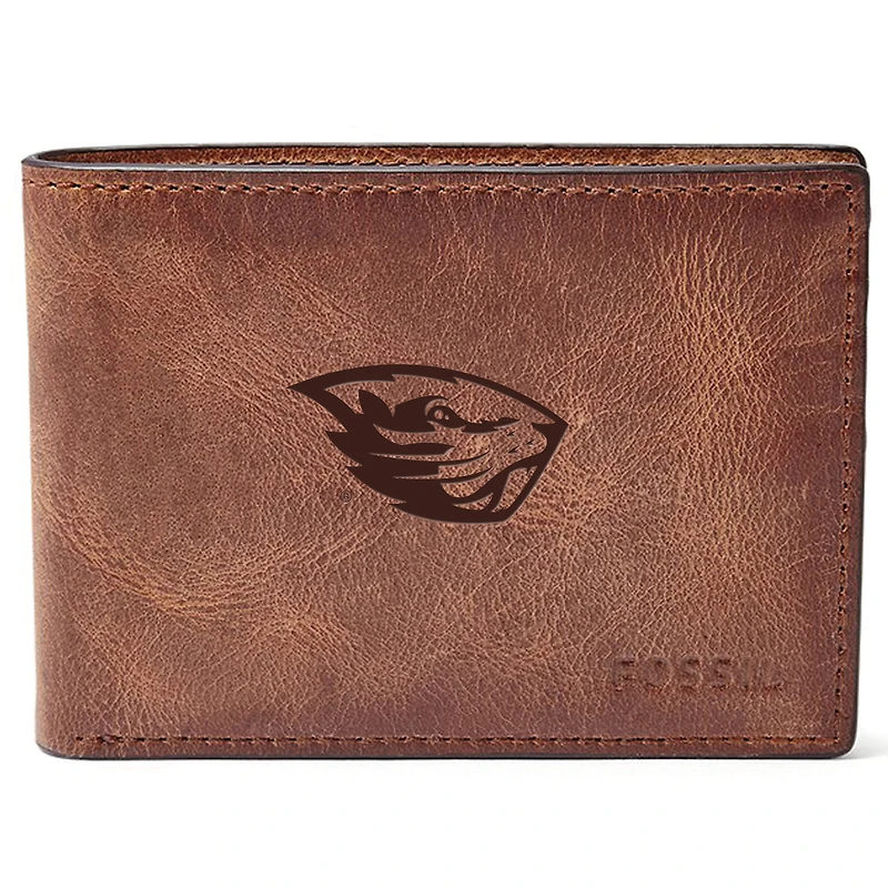 Men's Fossil Brown Oregon State Beavers Leather Derrick Front Pocket Bifold Wallet