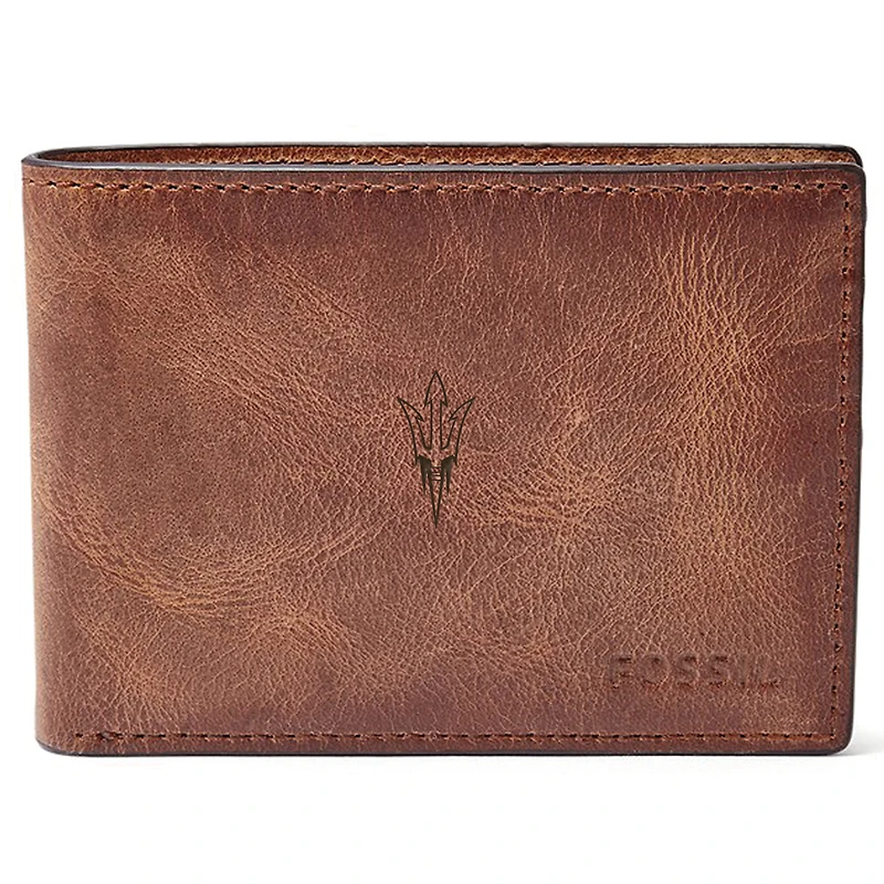 Men's Fossil Brown Arizona State Sun Devils Leather Derrick Front Pocket Bifold Wallet