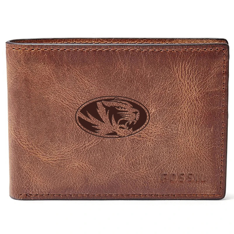 Men's Fossil Brown Missouri Tigers Leather Derrick Front Pocket Bifold Wallet