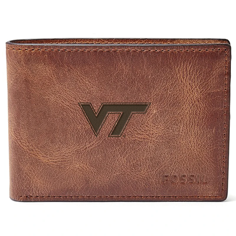 Men's Fossil Brown Virginia Tech Hokies Leather Derrick Front Pocket Bifold Wallet
