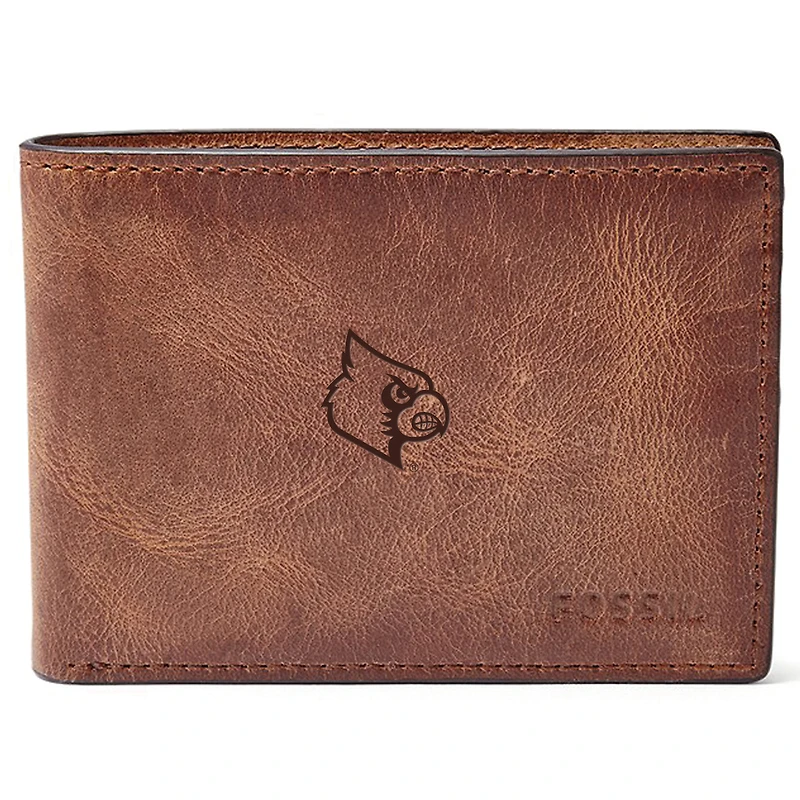 Men's Fossil Brown Louisville Cardinals Leather Derrick Front Pocket Bifold Wallet