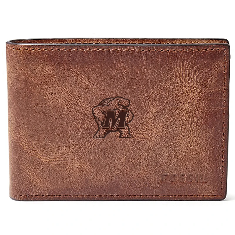 Men's Fossil Brown Maryland Terrapins Leather Derrick Front Pocket Bifold Wallet