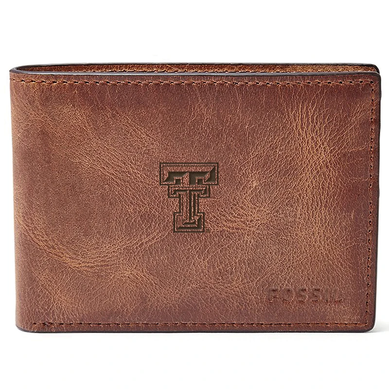 Men's Fossil Brown Texas Tech Red Raiders Leather Derrick Front Pocket Bifold Wallet