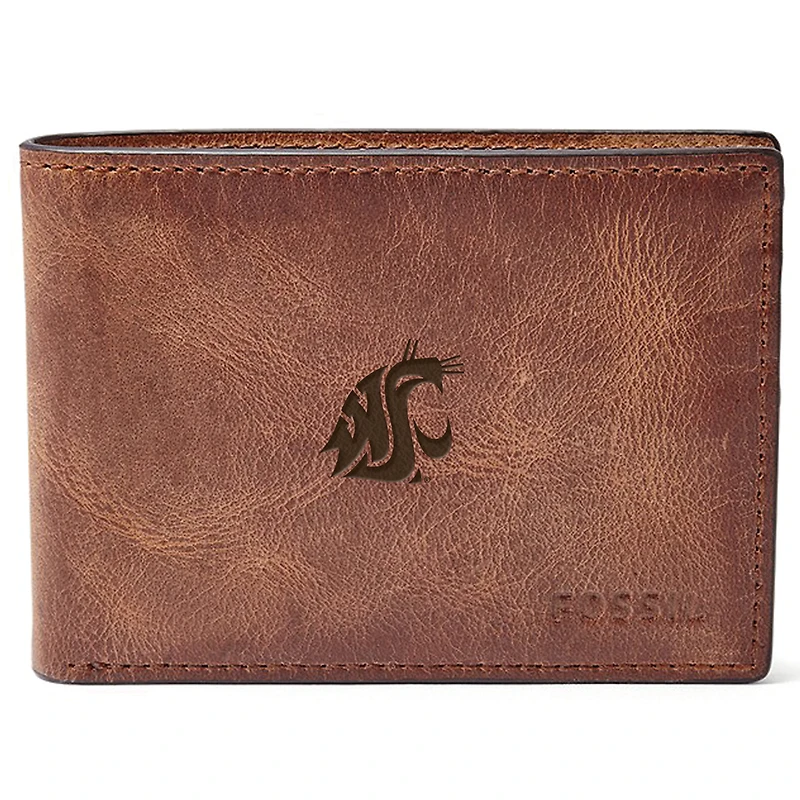 Men's Fossil Brown Washington State Cougars Leather Derrick Front Pocket Bifold Wallet