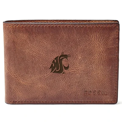 Men's Fossil Brown Washington State Cougars Leather Derrick Front Pocket Bifold Wallet