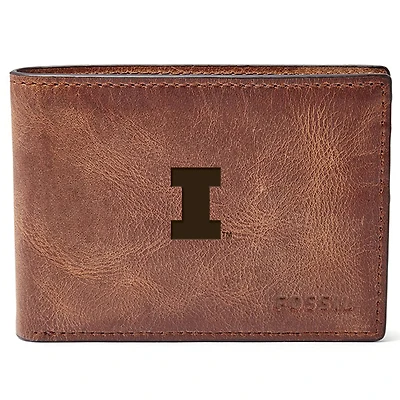 Men's Fossil Brown Illinois Fighting Illini Leather Derrick Front Pocket Bifold Wallet