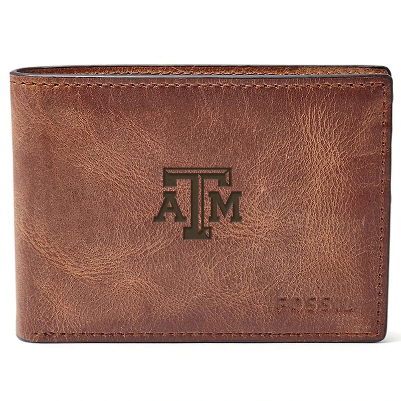Men's Fossil Brown Texas A&M Aggies Leather Derrick Front Pocket Bifold Wallet
