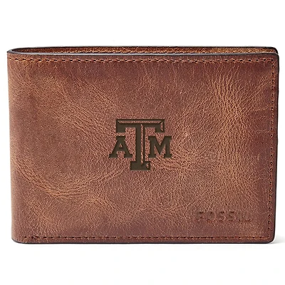 Men's Fossil Brown Texas A&M Aggies Leather Derrick Front Pocket Bifold Wallet
