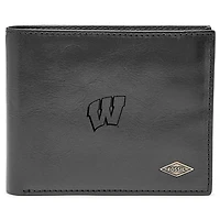 Men's Fossil Black Wisconsin Badgers Leather Ryan RFID Flip ID Bifold Wallet