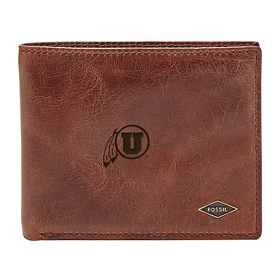 Men's Fossil Brown Utah Utes Leather Ryan RFID Flip ID Bifold Wallet