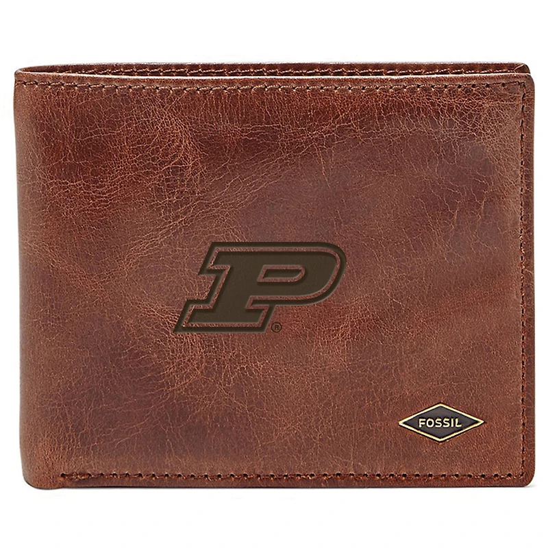 Men's Fossil Brown Purdue Boilermakers Leather Ryan RFID Flip ID Bifold Wallet