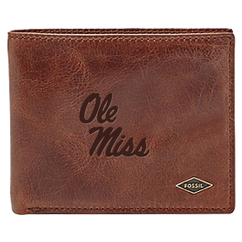 Men's Fossil Brown Ole Miss Rebels Leather Ryan RFID Flip ID Bifold Wallet