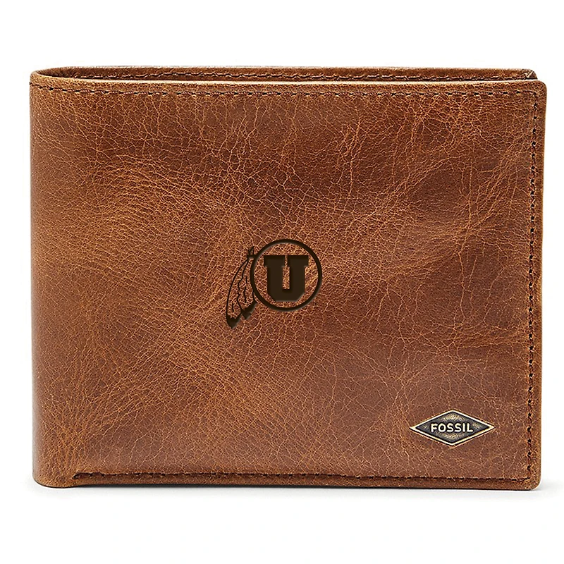 Men's Fossil Brown Utah Utes Leather Ryan RFID Passcase Wallet