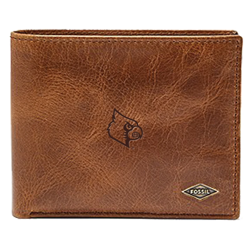 Men's Fossil Brown Louisville Cardinals Leather Ryan RFID Passcase Wallet