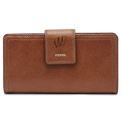 Women's Fossil Brown Wisconsin Badgers Leather Logan RFID Tab Clutch