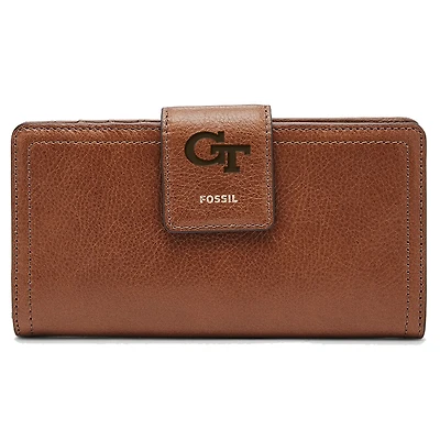 Women's Fossil Brown Georgia Tech Yellow Jackets Leather Logan RFID Tab Clutch