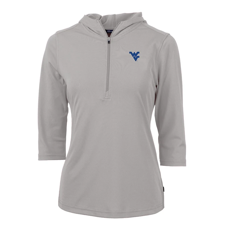 Women's Cutter & Buck Gray West Virginia Mountaineers Virtue Eco Pique 3/4 Sleeve Half-Zip Pullover Hoodie
