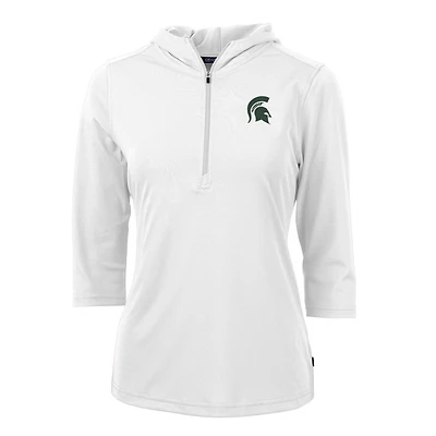 Women's Cutter & Buck White Michigan State Spartans Virtue Eco Pique 3/4 Sleeve Half-Zip Pullover Hoodie
