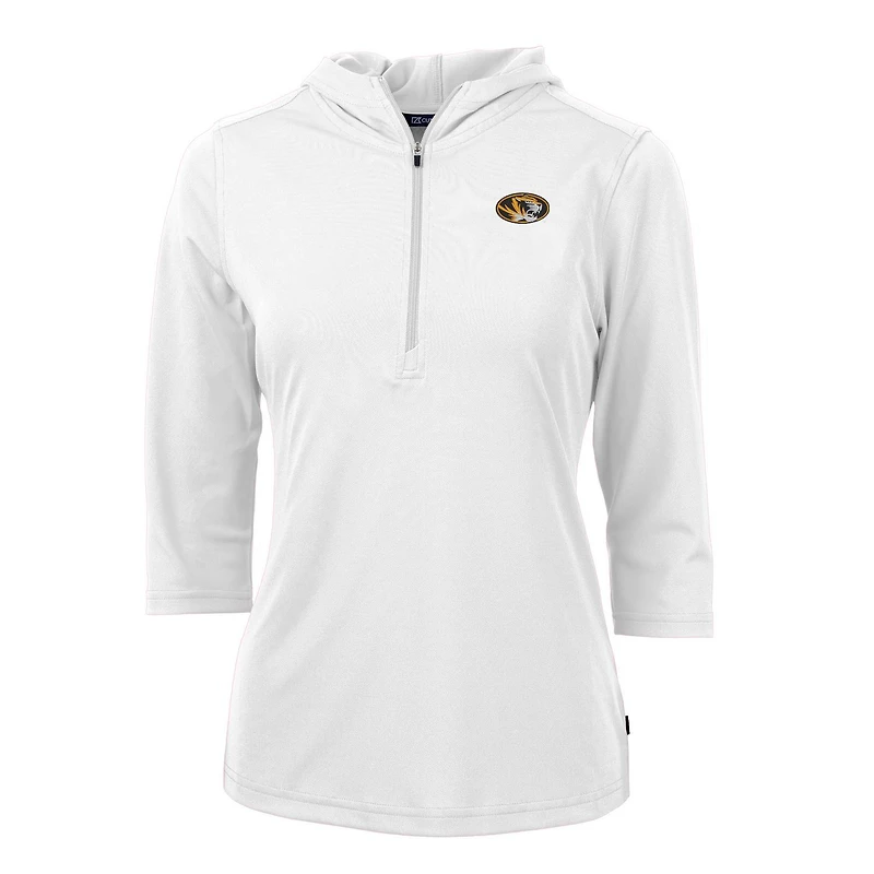 Women's Cutter & Buck White Missouri Tigers Virtue Eco Pique 3/4 Sleeve Half-Zip Pullover Hoodie