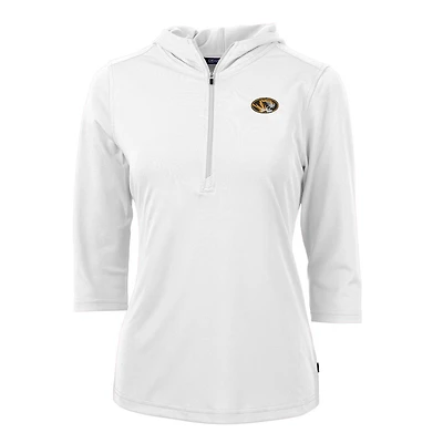 Women's Cutter & Buck White Missouri Tigers Virtue Eco Pique 3/4 Sleeve Half-Zip Pullover Hoodie