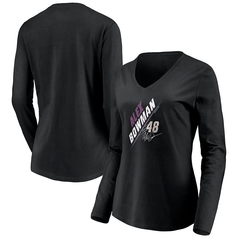Women's Black Alex Bowman Three Wide Long Sleeve V-Neck T-Shirt