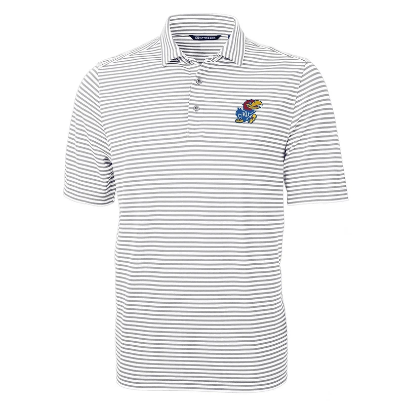 Men's Cutter & Buck Gray Kansas Jayhawks Virtue Eco Pique Stripe Recycled Polo