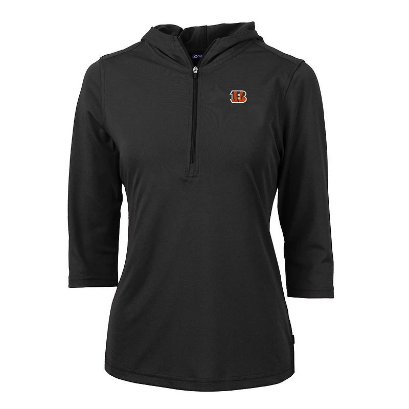 Women's Cutter & Buck Black Cincinnati Bengals Virtue Eco Pique Half-Zip 3/4 Sleeve Pullover Hoodie