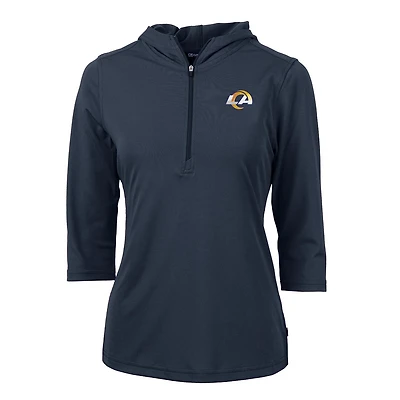 Women's Cutter & Buck Navy Los Angeles Rams Virtue Eco Pique Half-Zip 3/4 Sleeve Pullover Hoodie