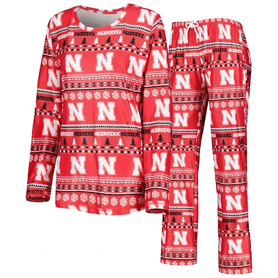 Women's Concepts Sport Scarlet Nebraska Huskers Holiday Long Sleeve Top and Pants Sleep Set