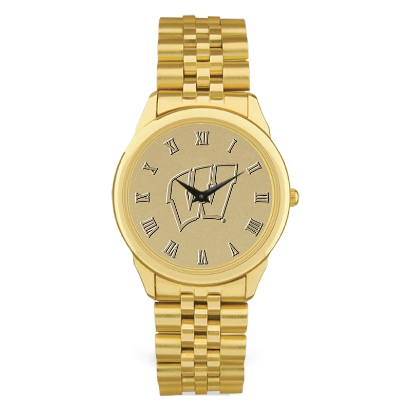 Men's Gold Wisconsin Badgers Medallion Rolled Link Bracelet Wristwatch