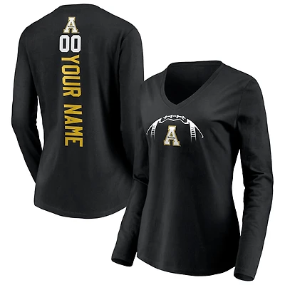 Women's Black Appalachian State Mountaineers Playmaker Football Personalized Name & Number Long Sleeve V-Neck T-Shirt