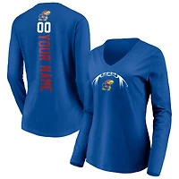 Women's Royal Kansas Jayhawks Playmaker Football Personalized Name & Number Long Sleeve V-Neck T-Shirt