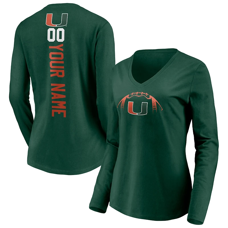 Women's Green Miami Hurricanes Playmaker Football Personalized Name & Number Long Sleeve V-Neck T-Shirt