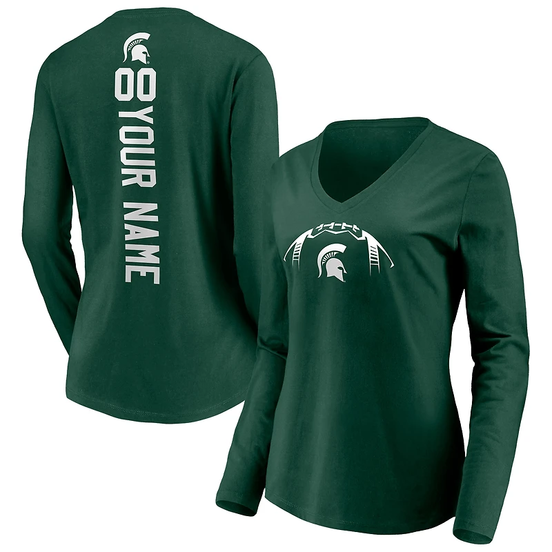 Women's Green Michigan State Spartans Playmaker Football Personalized Name & Number Long Sleeve V-Neck T-Shirt