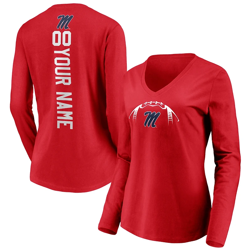 Women's Red Ole Miss Rebels Playmaker Football Personalized Name & Number Long Sleeve V-Neck T-Shirt