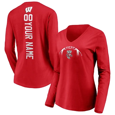Women's Red Wisconsin Badgers Playmaker Football Personalized Name & Number Long Sleeve V-Neck T-Shirt