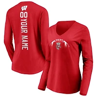 Women's Red Wisconsin Badgers Playmaker Football Personalized Name & Number Long Sleeve V-Neck T-Shirt