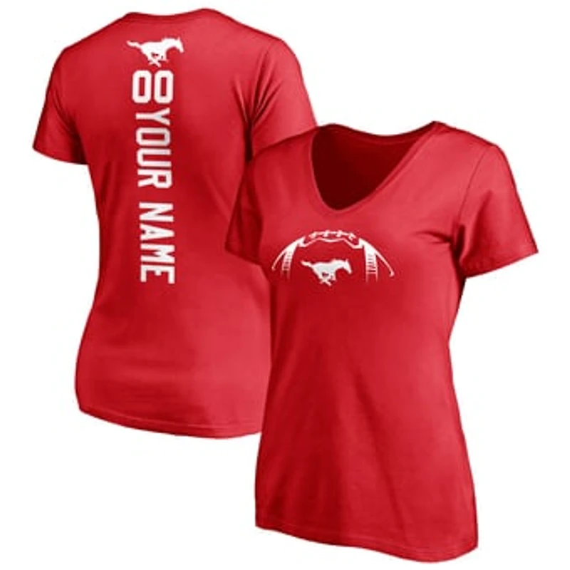 Women's Red SMU Mustangs Playmaker Football Personalized Name & Number V-Neck T-Shirt