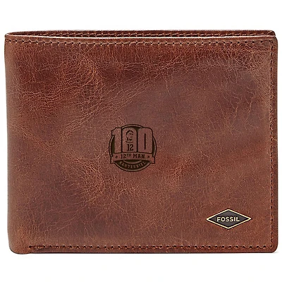 Fossil Brown Texas A&M Aggies 12th Man Centennial Leather Ryan RFID Flip ID Bifold Wallet