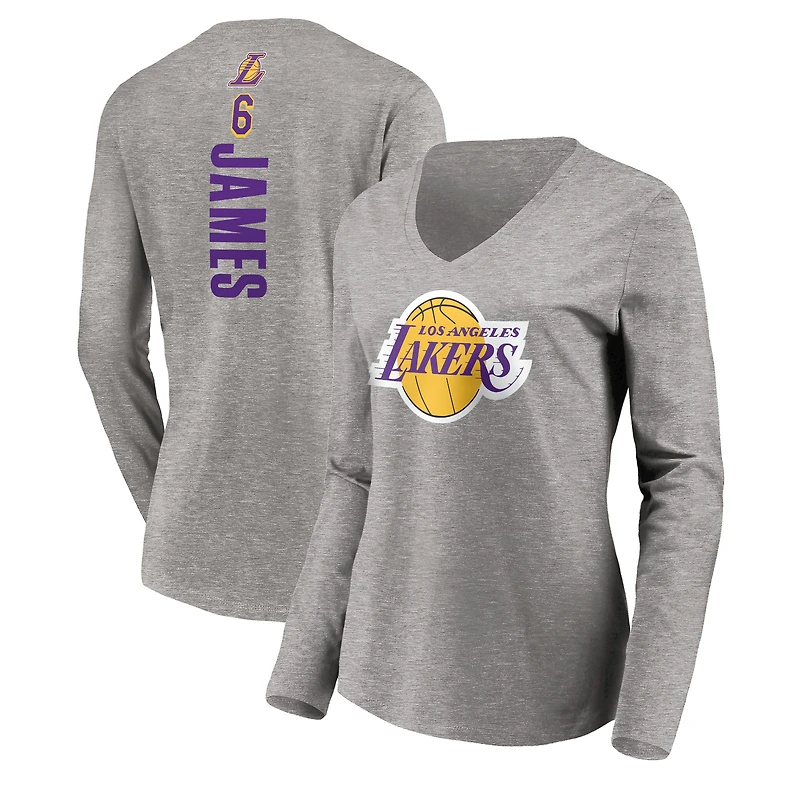 Women's LeBron James Heathered Gray Los Angeles Lakers #6 Playmaker Name & Number Long Sleeve V-Neck T-Shirt