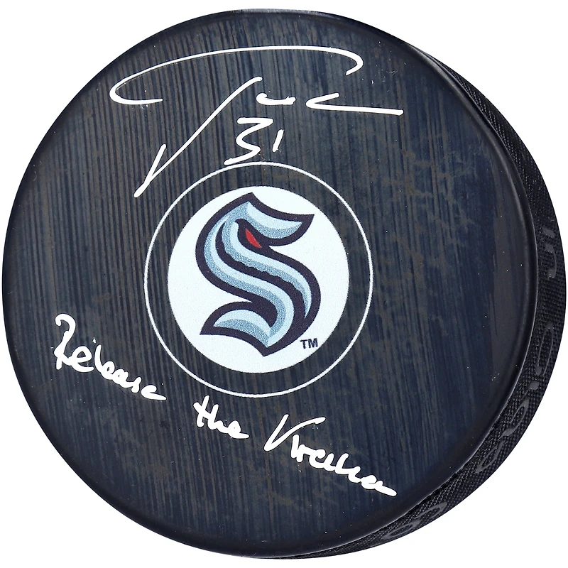 Philipp Grubauer Seattle Kraken Autographed Hockey Puck with "Release The Kraken" Inscription
