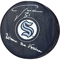 Philipp Grubauer Seattle Kraken Autographed Hockey Puck with "Release The Kraken" Inscription