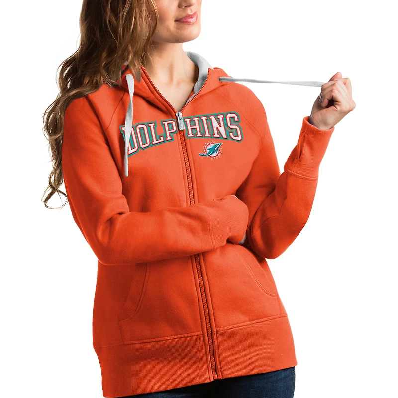 Women's Antigua Orange Miami Dolphins Wordmark Victory Full-Zip Hoodie