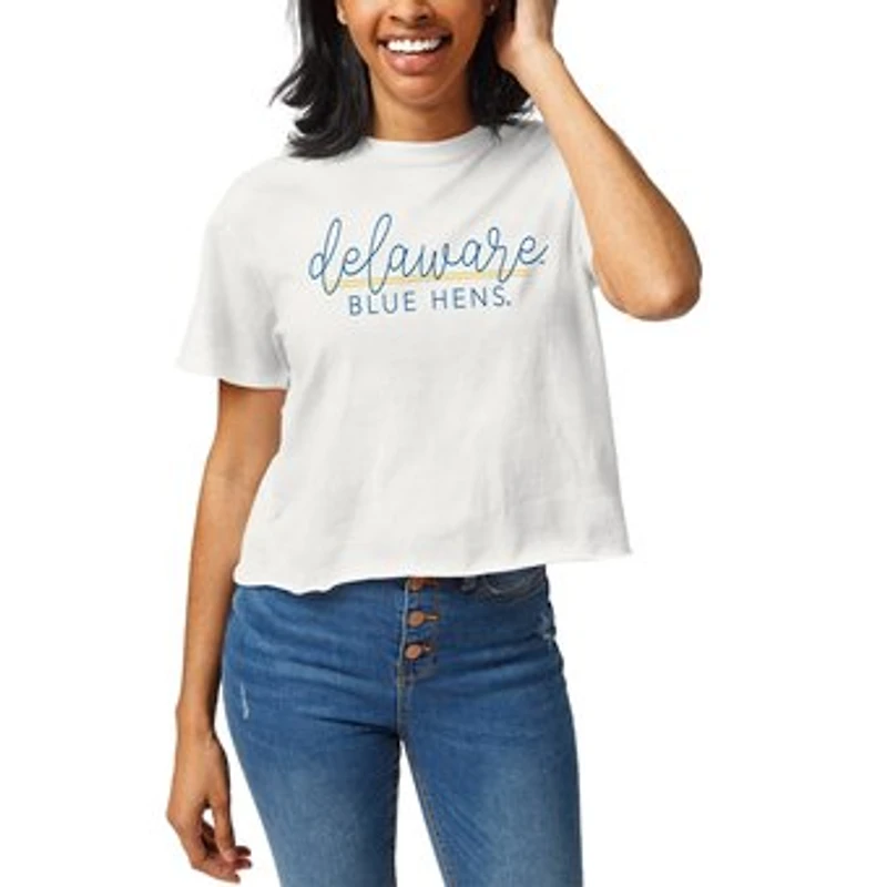 Women's League Collegiate Wear White Delaware Fightin' Blue Hens Script Clothesline Cropped T-Shirt