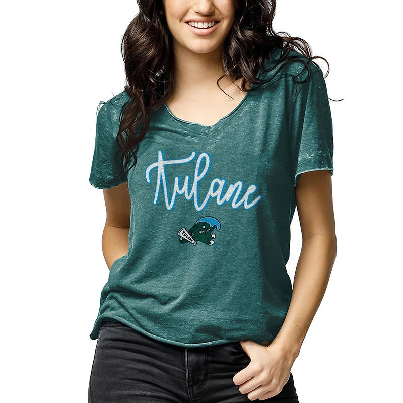 Women's League Collegiate Wear Heathered Green Tulane Green Wave Loose Fit V-Neck T-Shirt