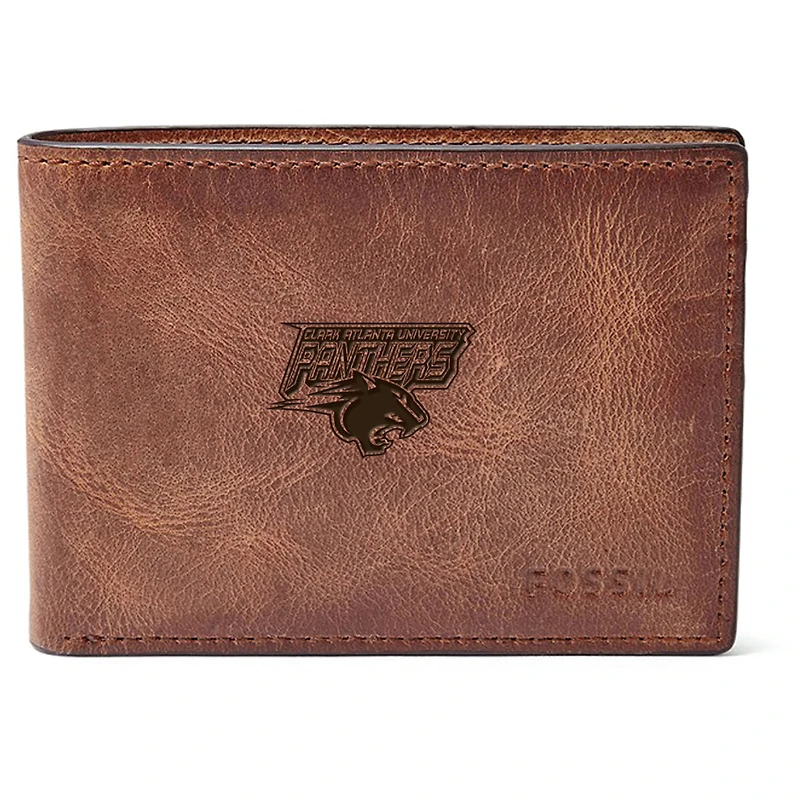 Men's Fossil Brown Clark Atlanta University Panthers Leather Derrick Front Pocket Bi-Fold Wallet