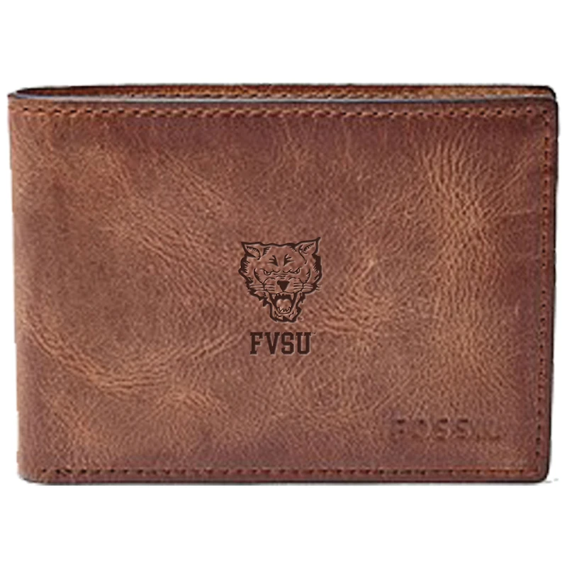 Men's Fossil Brown Fort Valley State Wildcats Leather Derrick Front Pocket Bi-Fold Wallet