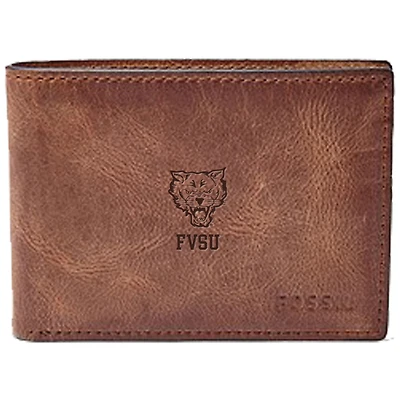 Men's Fossil Brown Fort Valley State Wildcats Leather Derrick Front Pocket Bi-Fold Wallet